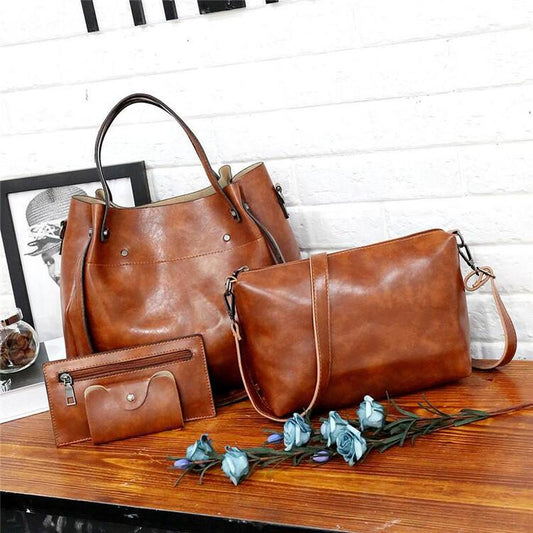 Borsa vintage da donna in quattro pezzi, grande capacitĆ , tinta unita, borsa a tracolla incrociata